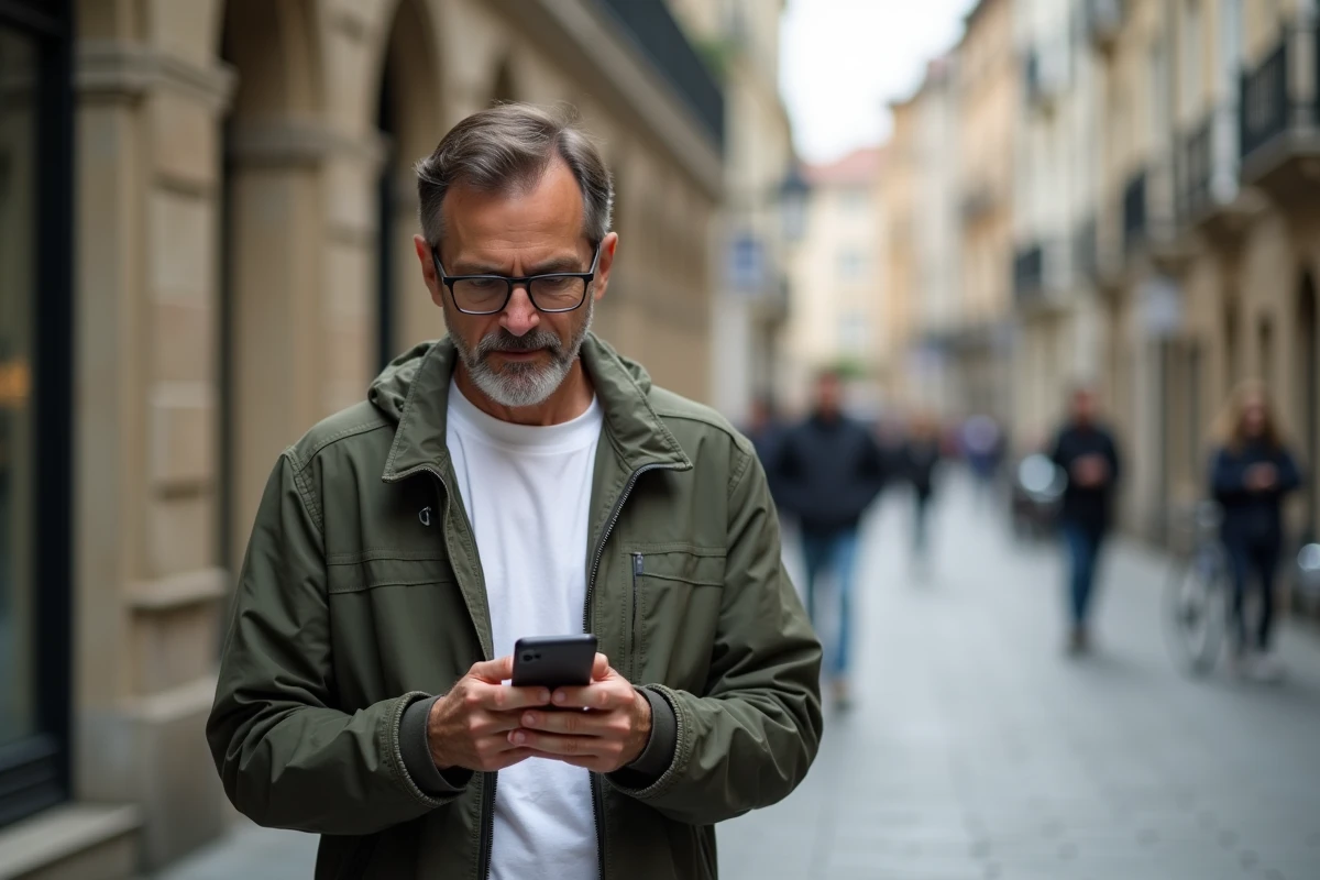 Homme dans la rue vérifiant l'opérateur d'un numéro de mobile 06 72 sur son téléphone
