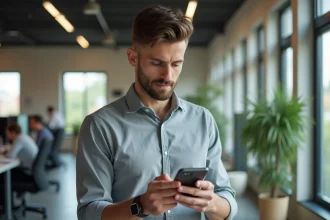 Homme consultant son smartphone pour vérifier l'opérateur d'un numéro de téléphone commençant par 06 72
