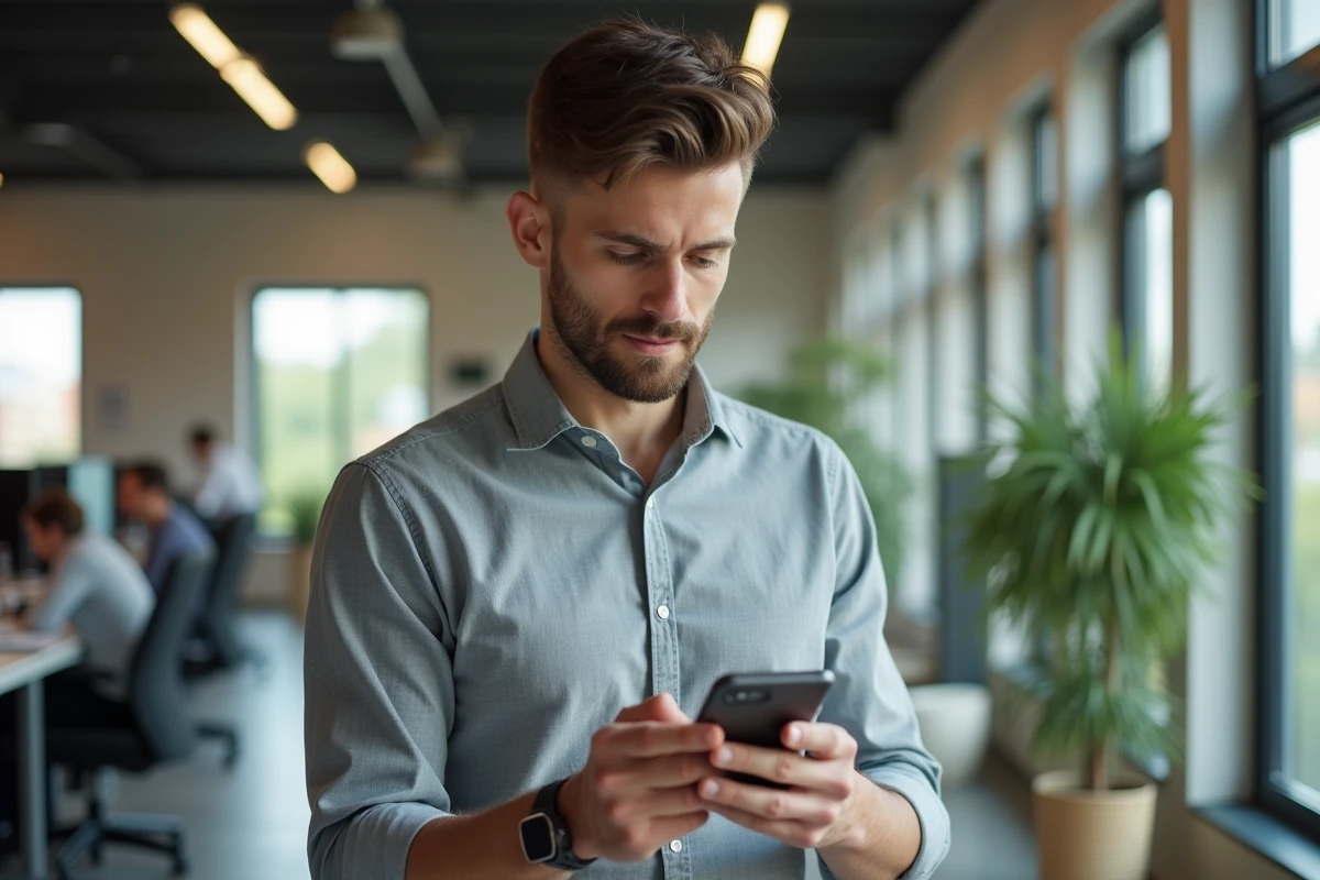 Homme consultant son smartphone pour vérifier l'opérateur d'un numéro de téléphone commençant par 06 72