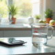 Verre mesure eau de 500 ml sur plan de cuisine lumineux