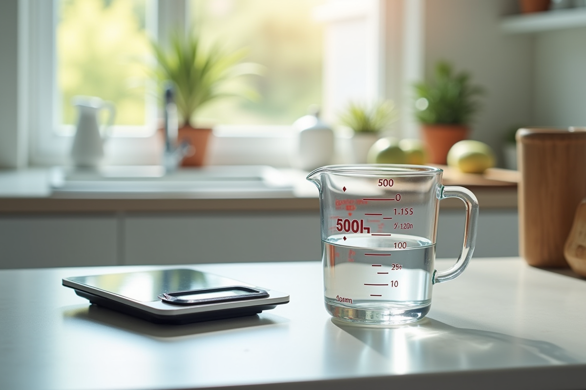 Verre mesure eau de 500 ml sur plan de cuisine lumineux