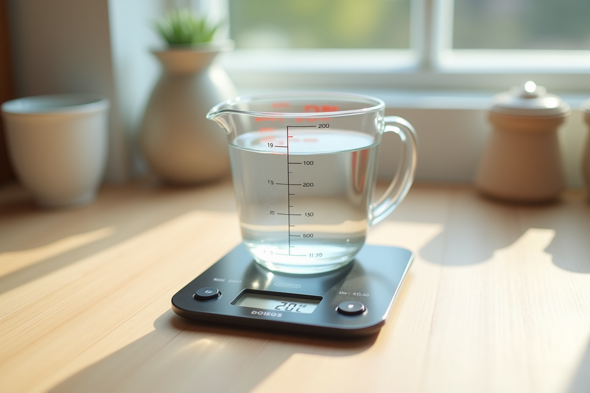 Verre mesure d'eau sur balance digitale lumineuse