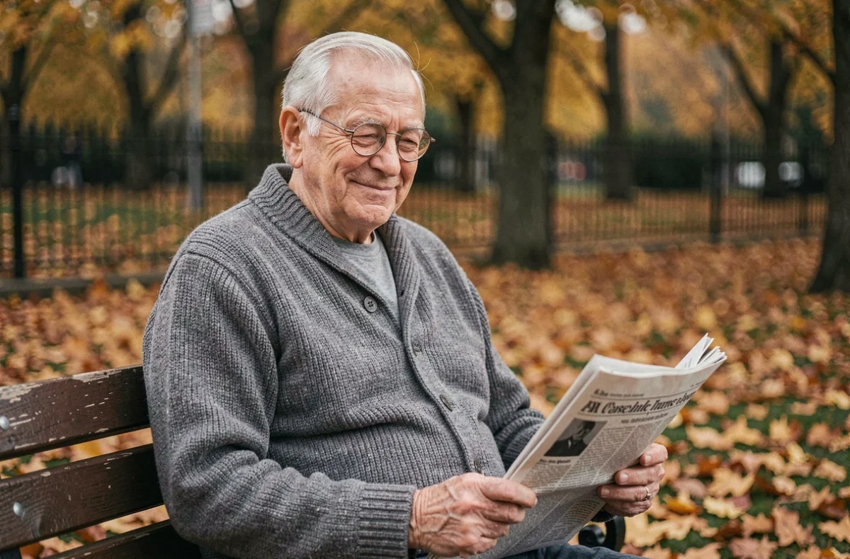 Vieil homme souriant sur un banc de parc en automne, tenant un journal, évoquant l'humour et la sagesse des blagues populaires françaises