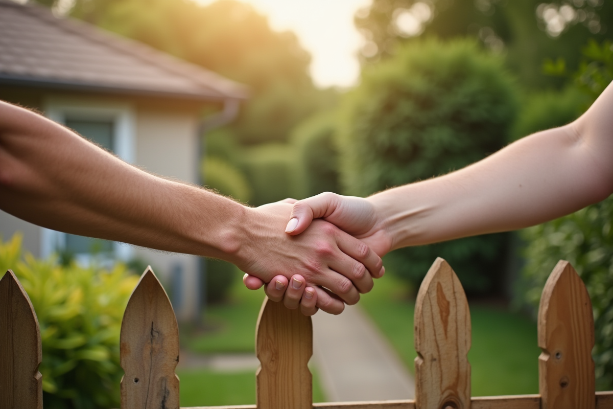 Voisins se serrant la main sur une clôture de jardin en journée