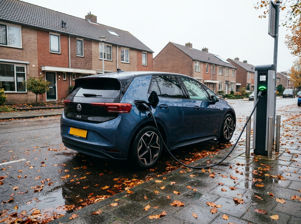 Voiture électrique en charge à une borne publique dans une rue résidentielle en automne, contexte leasing électrique 2026