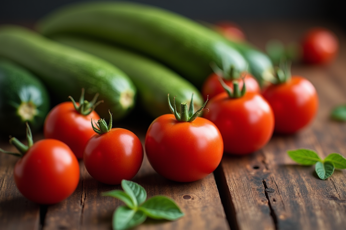 Zucchinis et zetomates sur table en bois rustic